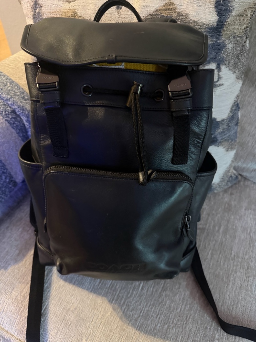 Coach Black Leather Drawstring Top Backpack with Front Zip Pocket
